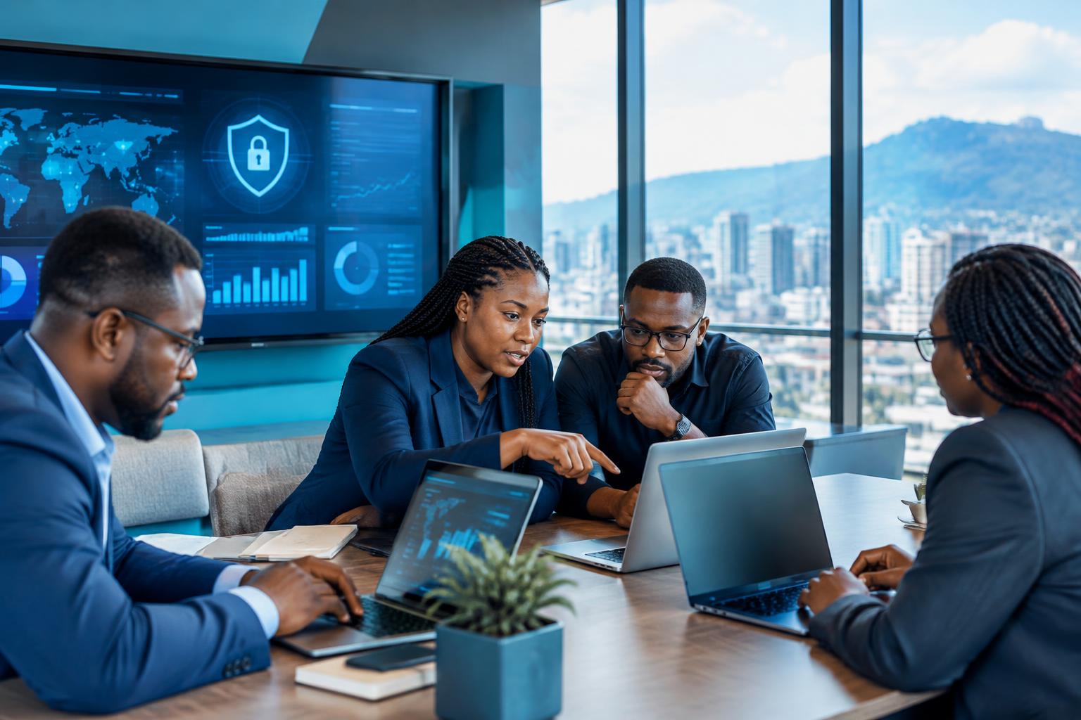 Cybersecurity consultants reviewing risk and protection priorities with a business team